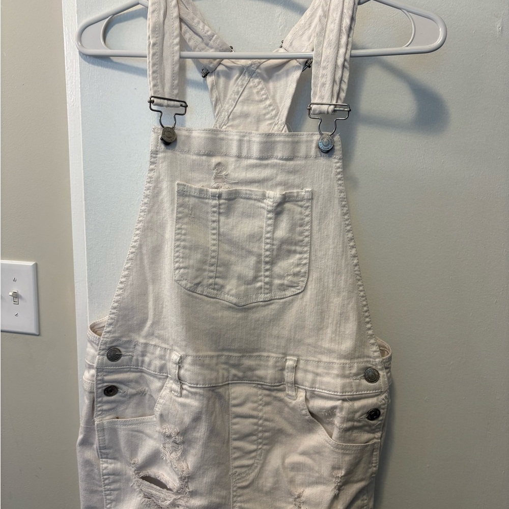 Almost Famous Ivory Denim Overalls Shorts Junior Size 7 Distressed